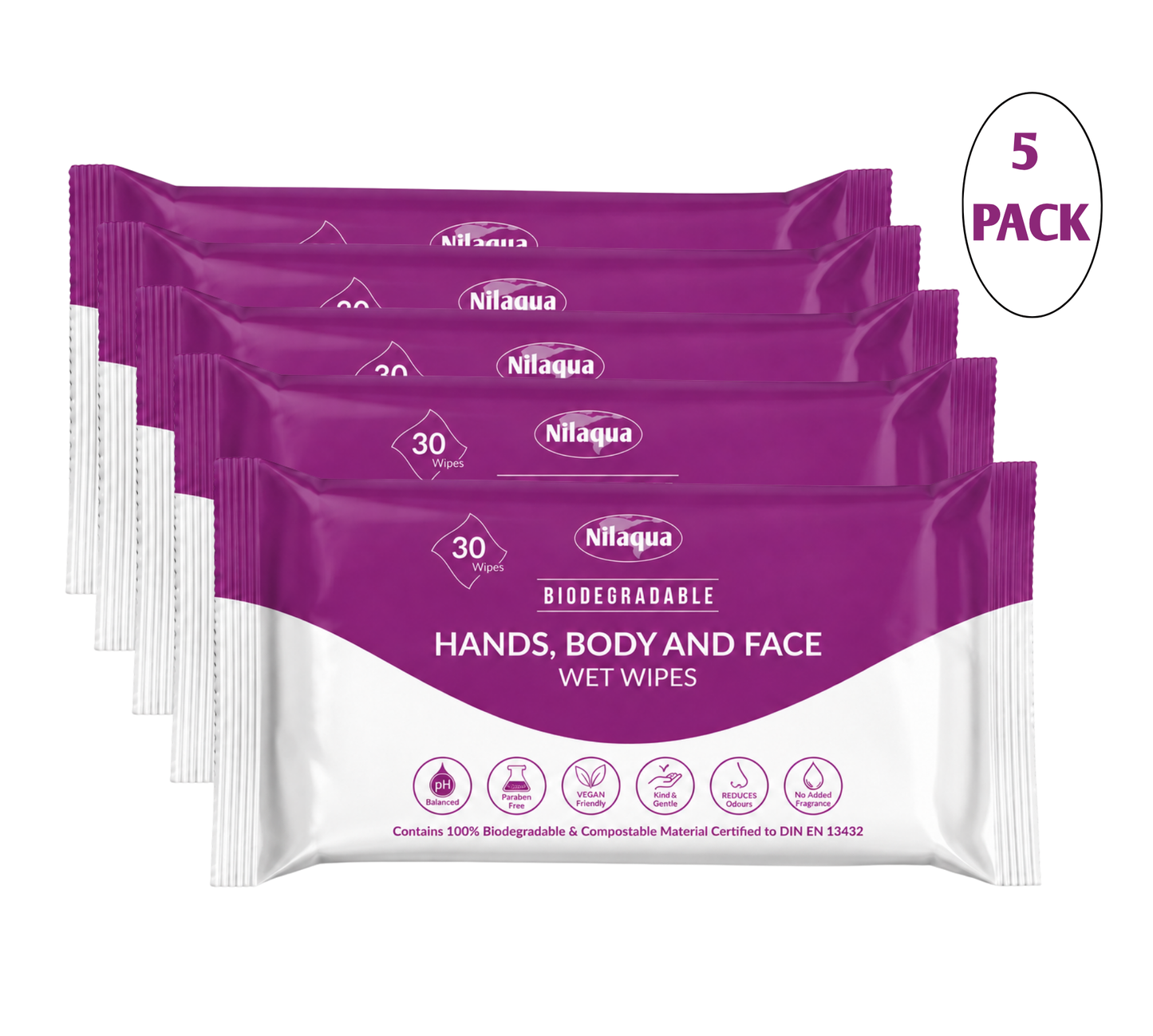 Nilaqua 30pk, Hands, Body and Face Wipes - Super Thick and Compostable 5pk