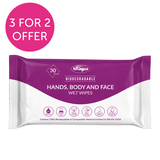 3 FOR 2 OFFER Nilaqua 30pk, Hands, Body and Face Wipes - Super Thick and Compostable