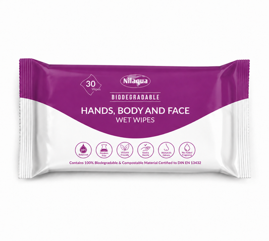 Nilaqua 30pk, Hands, Body and Face Wipes - Super Thick and Compostable